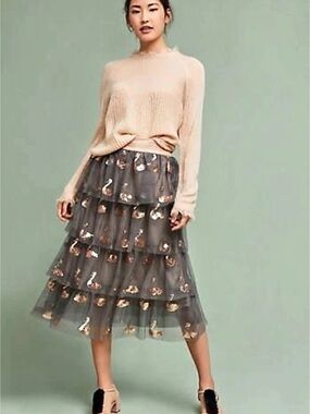 Eva Franco Swan-Embellished Tulle Midi Skirt Gray Size 6